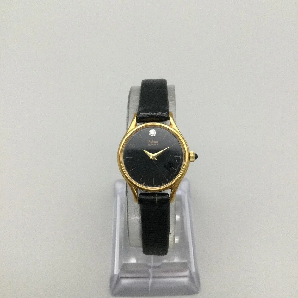 Pulsar Womens Watch 20mm Black Dial Gold Tone Diamond Y580-0019 New Battery